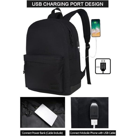 ? Women Black Casual Laptop Backpack USB Charging Port Lightweight Bookbag
